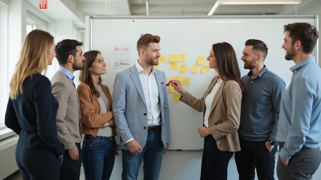 Groep collega's in brainstormsessie, diverse achtergronden, schrijven op whiteboard notities over kennisuitwisseling