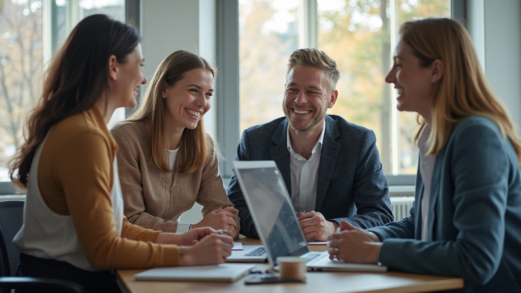 Diverse teamleden in vergaderzaal lachen en communiceren, vriendelijke werksfeer en verbondenheid