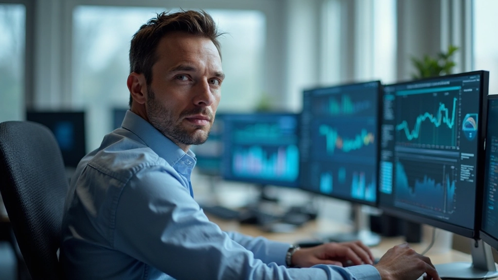 Zakenman analyseert data op meerdere monitors, maakt evaluatie en vergelijking van systemen