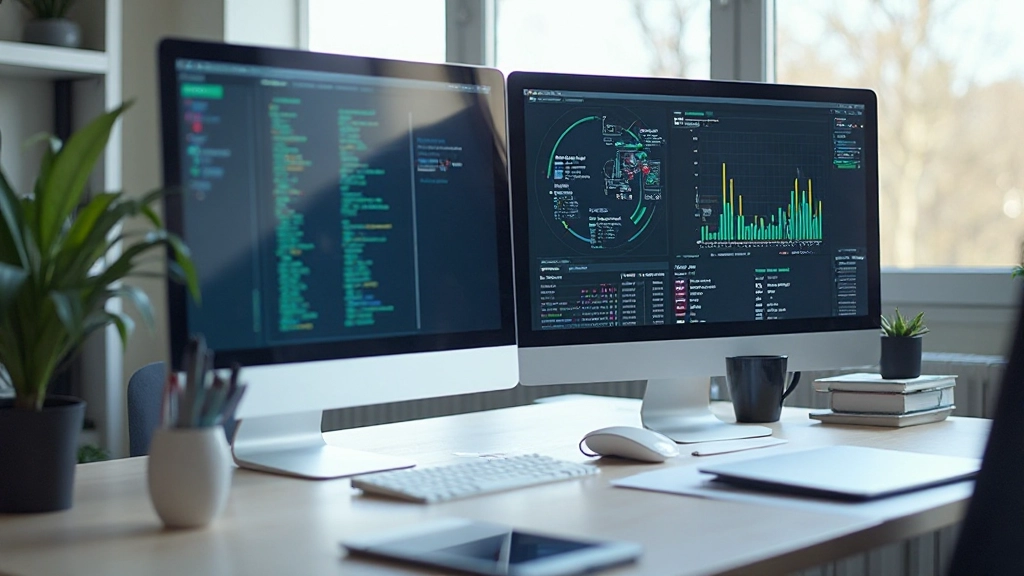 Moderne werkplek met computermonitoren waarop grafieken en databases zichtbaar zijn, schone minimalistische omgeving met natuurlijk licht