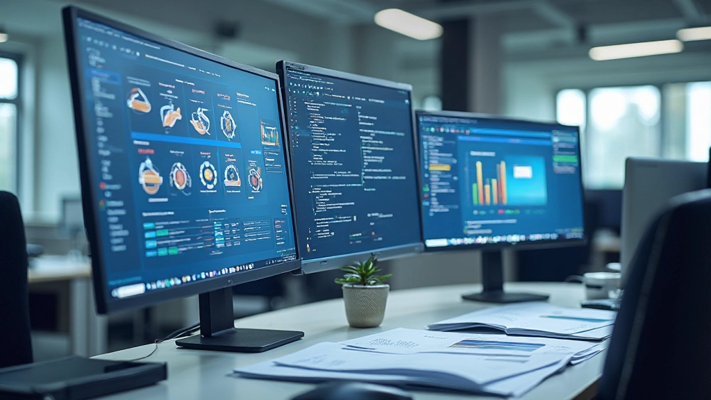 Moderne werkplek met computers, monitors en kennissysteem interface zichtbaar op scherm, organisatie en structuur gevisualiseerd
