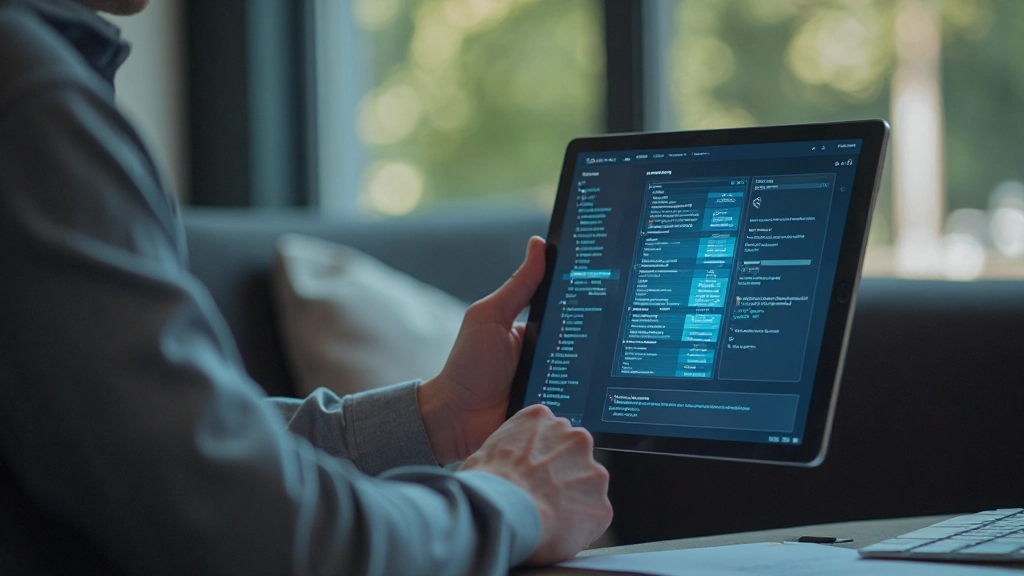 Tablet met grafische interface van een database applicatie, toont gestructureerde gegevensvelden en zoekfuncties