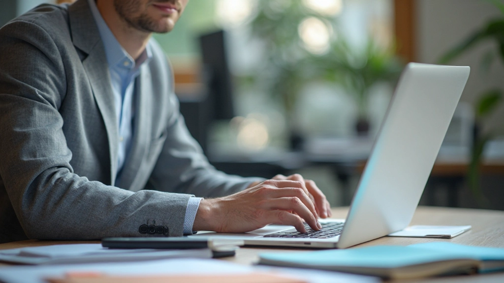 Persoon aan het werken aan een laptop met notities en mappen zichtbaar op het bureau, georganiseerde werkruimte met dossiers