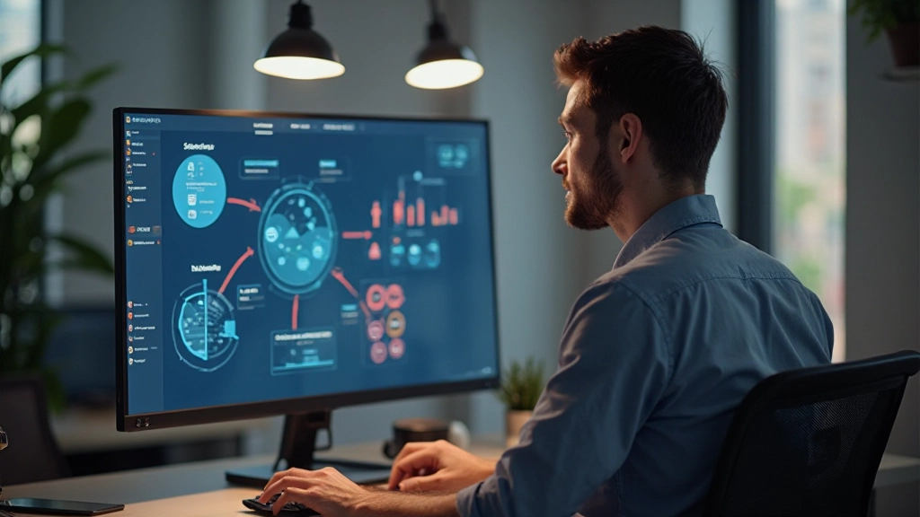 Dashboard op monitor toont kennisnetwerk met gekoppelde nodes en informatiestromen, gegevensvisualisatie
